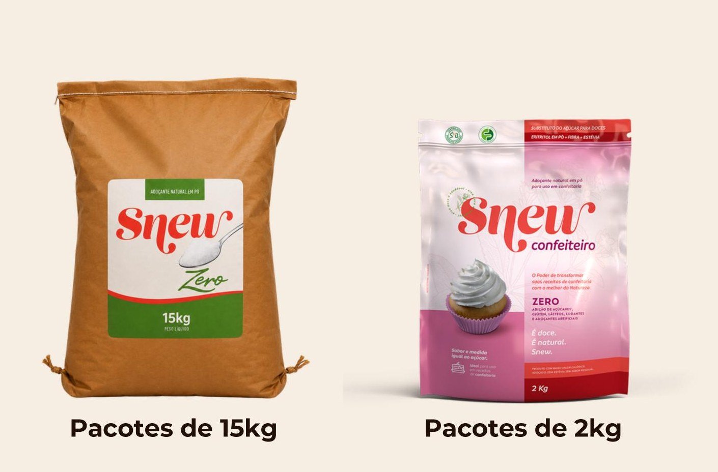 Embalagens Snew Zero de 15kg e Snew Confeiteiro de 2kg